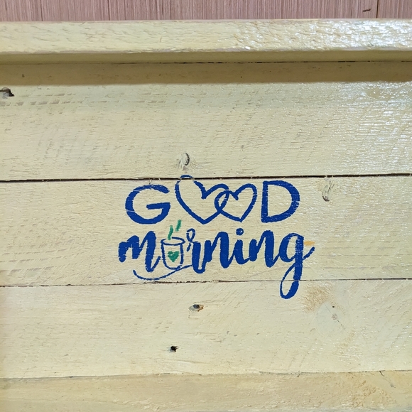 Handmade Wood Tray Hand Crafted Good Morning with Handles - Picture 6 of 10